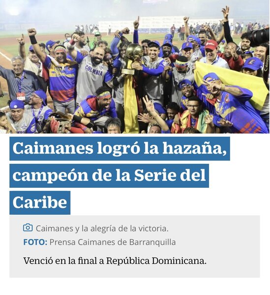 4 FÃ©vrier - Felicitaciones a los  @caimanesLPB  por su victoria en la Serie del Caribe! En Barranquilla se gana asÃ­ ðŸ˜‰âš¾ï¸ðŸ†
