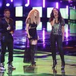 THE VOICE -- Episode 415B "Live Show" -- Pictured: (l-r) Kris Thomas, Shakira, Sasha Allen -- (Photo by: Tyler Golden/NBC)